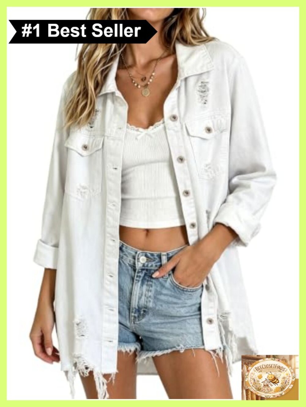 Women's Distressed Button Down Denim Jacket Loose Fit Jean Coat